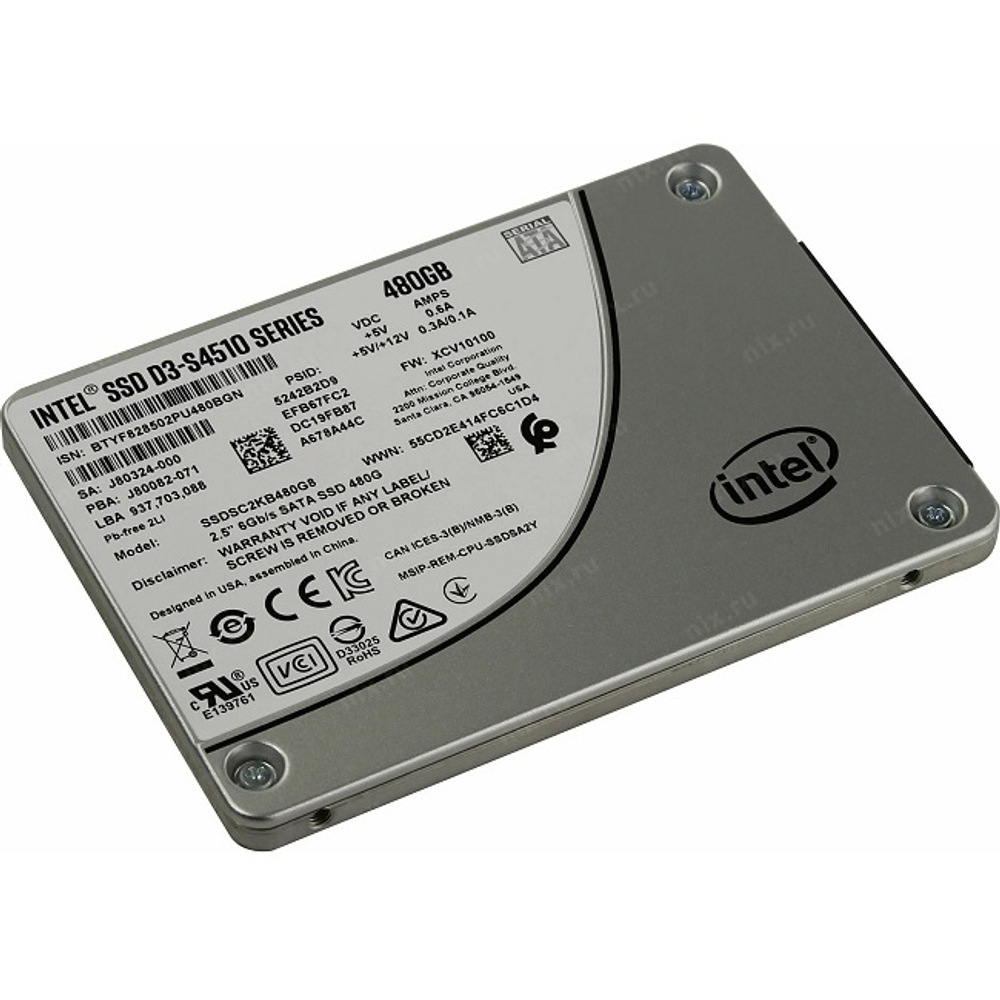 Жесткий диск SSD 2.5" 480Gb Intel DC D3-S4510 Series, 560/490MBs, 18000 IOPS, TLC 3D NAND, SATA-III (SSDSC2KB480G801)