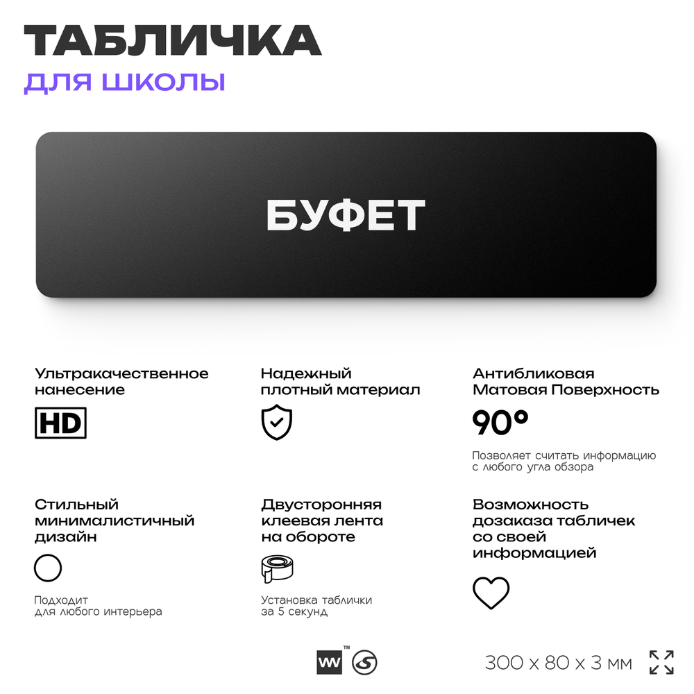 Табличка для школы Буфет, школьные таблички на дверь кабинета, 30х8 см, Айдентика Технолоджи