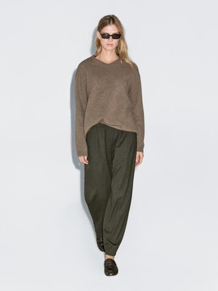 Massimo Dutti Брюки широкого кроя с вытачками и эластичным поясом, темно-зеленый
