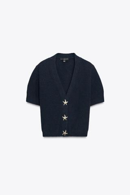 ZARA ВЯЗАНЫЙ КАРДИГАН С ПУГОВИЦАМИ В ВИДЕ ЗВЕЗД, МОРСКОЙ СИНИЙ