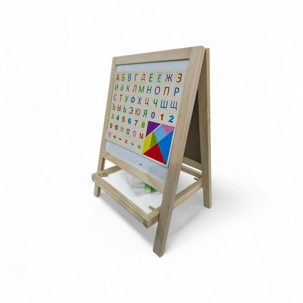 Двусторонний мольберт для детей (40x27x17 см), с магнитной маркерной доской, алфавитом, мелками и маркером