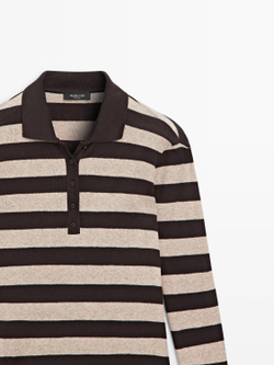 Massimo Dutti Трикотажный свитер из смесового хлопка с воротником-поло, коричневый