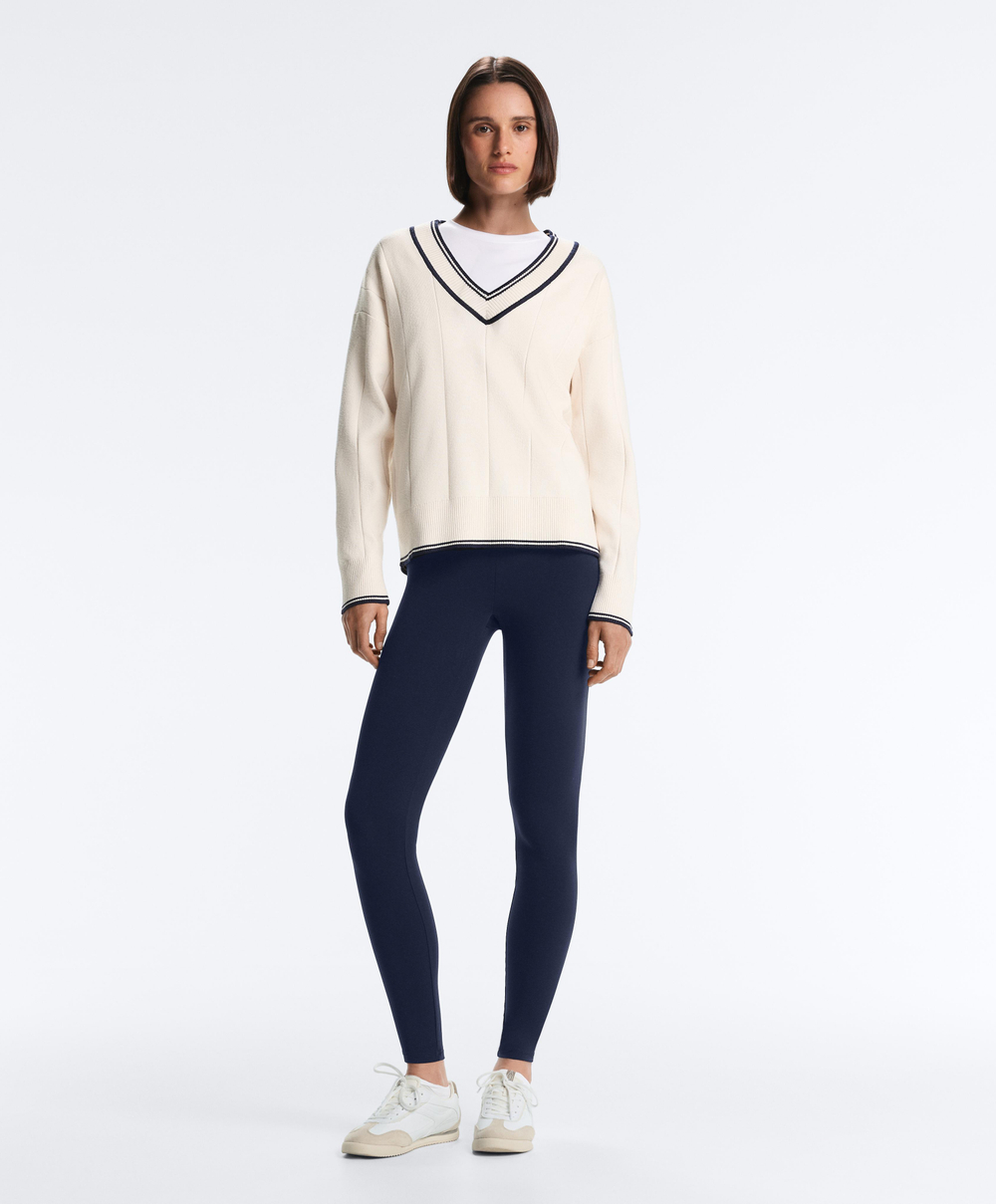 Oysho Вязаный свитер с V-образным вырезом и контрастом, светлый экрю