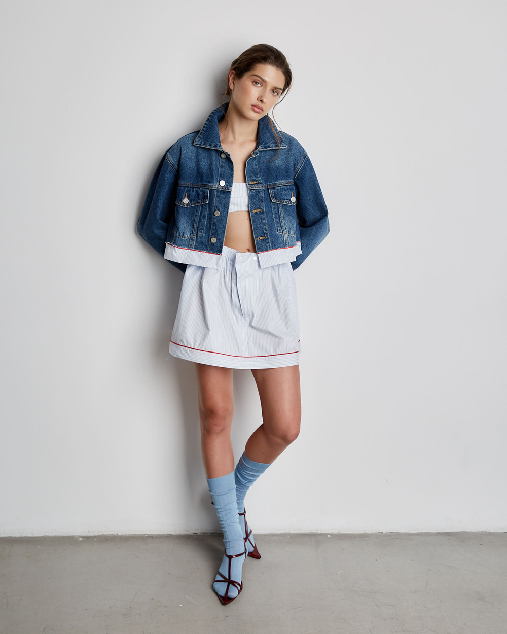 Юбка мини из хлопка Гуччи в полоску голубой/белый