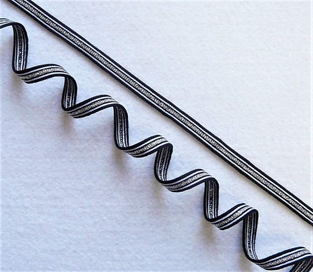 Лампасная лента (трикотажный, люрекс, 1,0 см).Черный/белый/серебро, ВО