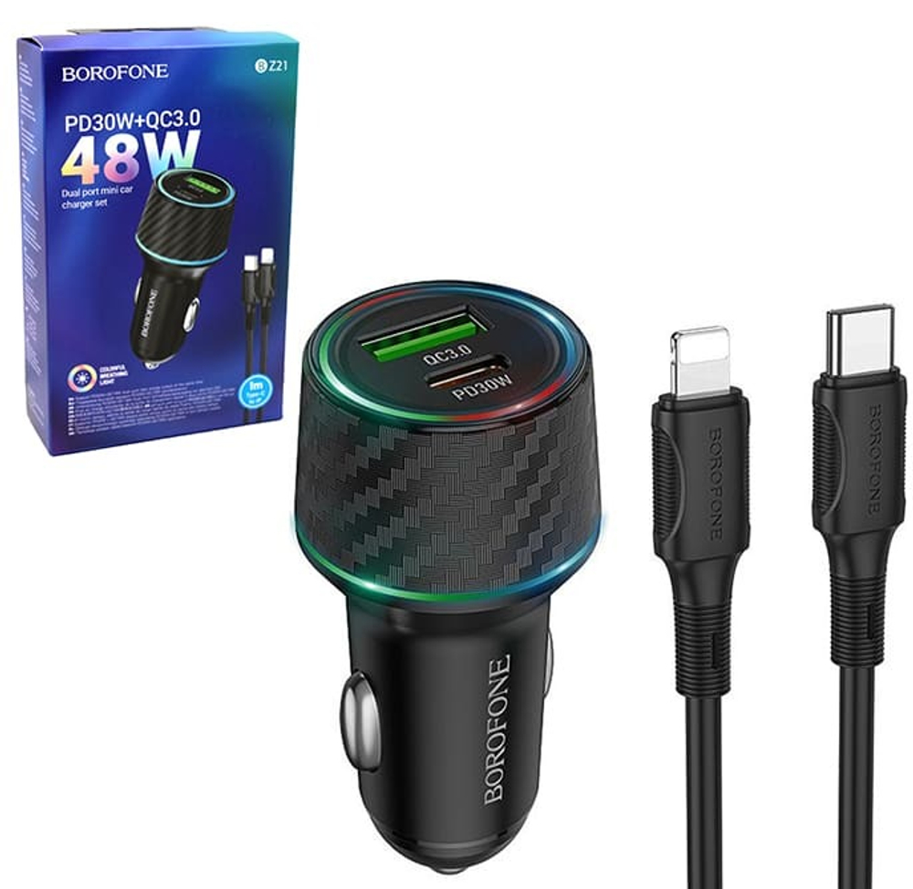 Автомобильный адаптер питания BOROFONE BZ21 Brilliant + Type-C - Lightning 48W PD30+QC 3.0 (черный)