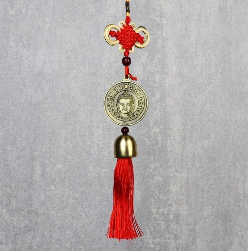 Подвеска металл, текстиль "Будда на монете" 37 см.