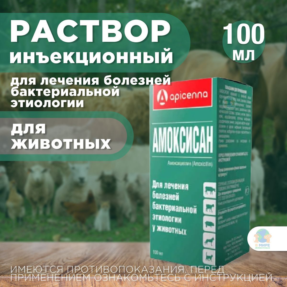 Раствор антибактериальный Амоксисан Apicenna, для инъекций животным, 100 мл. Амоксициллин.