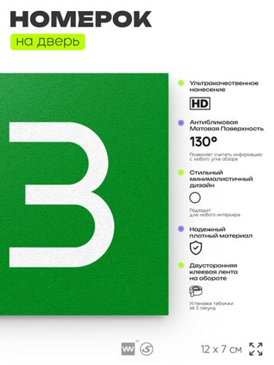 Номер на дверь 913, табличка на дверь для офиса, квартиры, кабинета, аудитории, склада, зеленая 120х70 мм, Айдентика Технолоджи