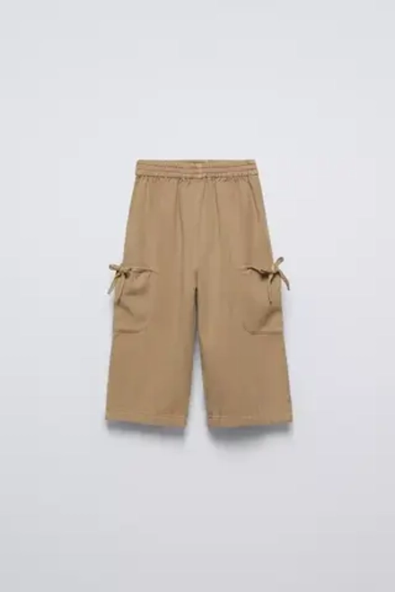 ZARA БРЮКИ ИЗ СТРУЯЩЕЙСЯ ТКАНИ С БАНТАМИ, БЕЖЕВЫЙ