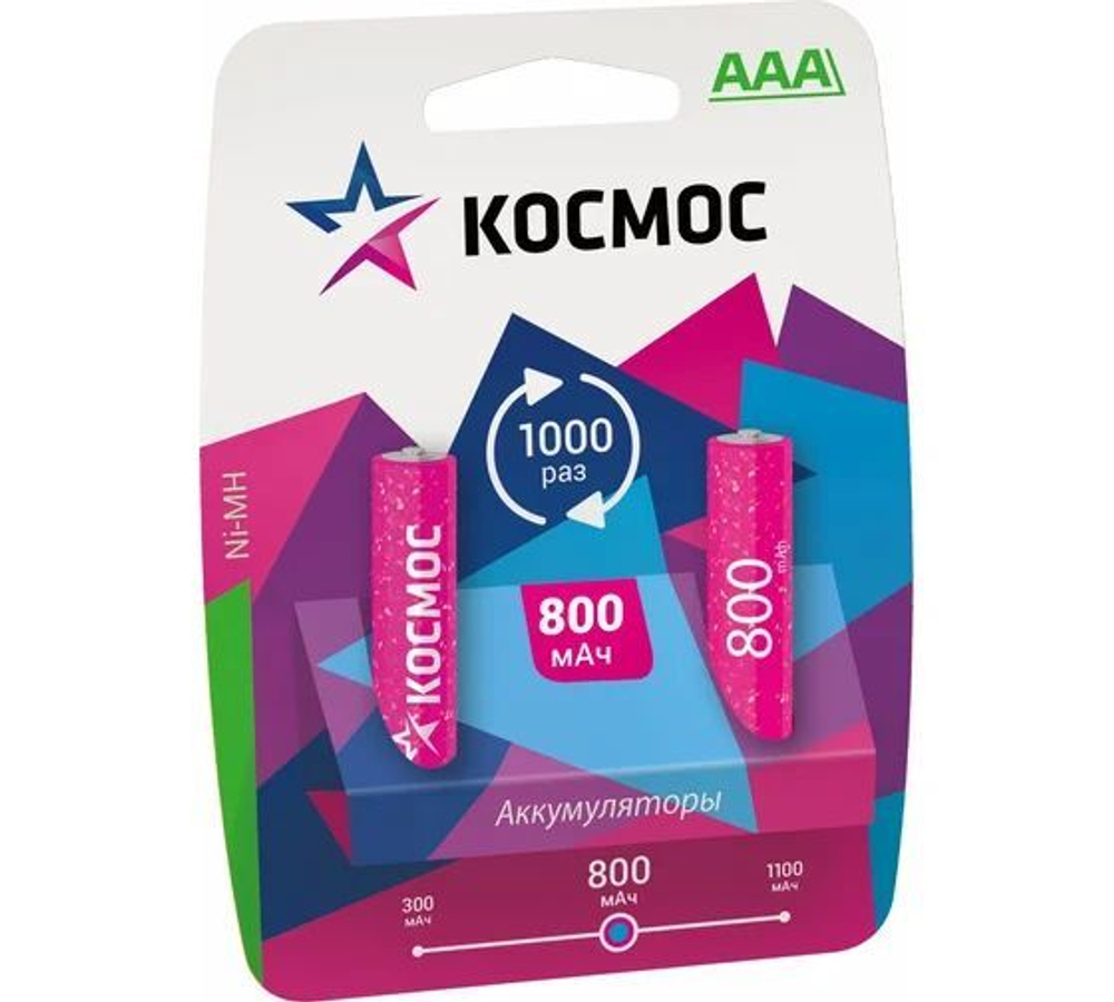 Аккумуляторные батарейки ААА / R03 мизинчиковые800 мАч 2 шт Космос KOCR03NIMH(800mA)