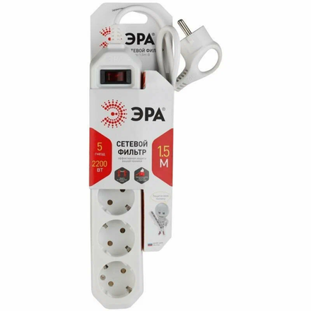 Сетевой Фильтр Эра 1,5 метра 5 гнезд 2200 ВТ(белый)
