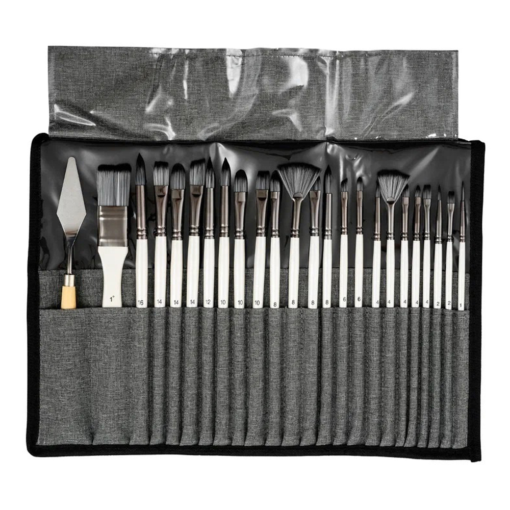 Кисть для рисования Basir художественная, нейлон, набор из 24 кистей и 1 шпателя, в чехле, жемчужный цвет