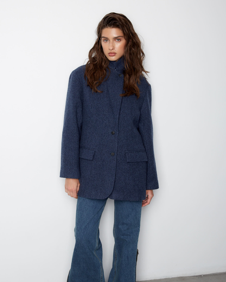 Пальто-жакет из шерсти елочка темно-синий