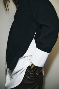 ZARA СВИТЕР С КОМБИНИРОВАННЫМ ПОПЛИНОМ, ТЕМНО-СИНИЙ/БЕЛЫЙ