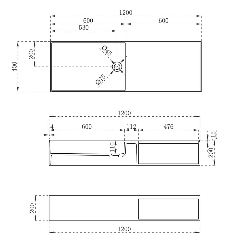 Раковина из искусственного камня Vincea VWB-6S112MW, 1200*400*200, подвесная, цвет белый матовый, , шт