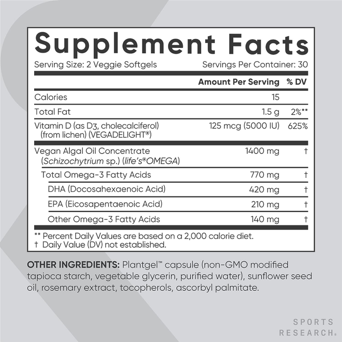 Vegan Omega-3 630 mg + Vitamin D3 5000 iu, Веган Омега-3 630 мг с Витамином Д3 5000 МЕ, Sports Research (60 вегетарианских капсул)