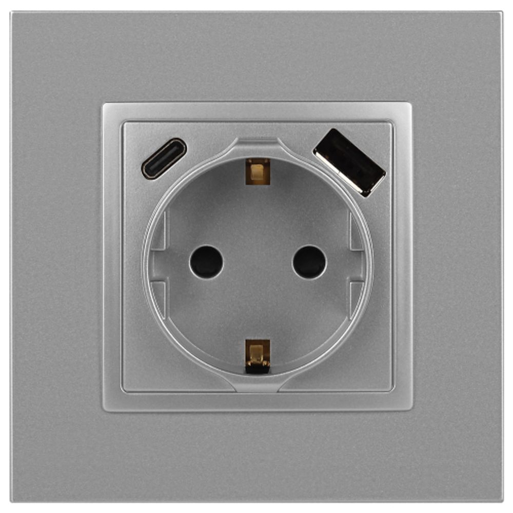Розетка ЭРА Elegance 14-4108-03 2P+E 16A-250В со шторками с USB type-A+C 5В-3А алюминий