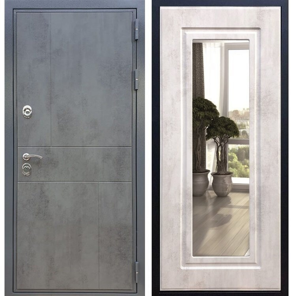 Входная металлическая дверь с зеркалом RеХ (РЕКС) Премиум 290 Темный бетон / ФЛЗ-120 Бетон светлый