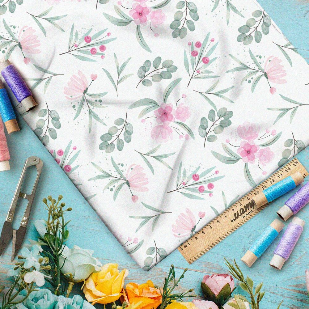 Ткань муслин акварельные бледные цветы и листья