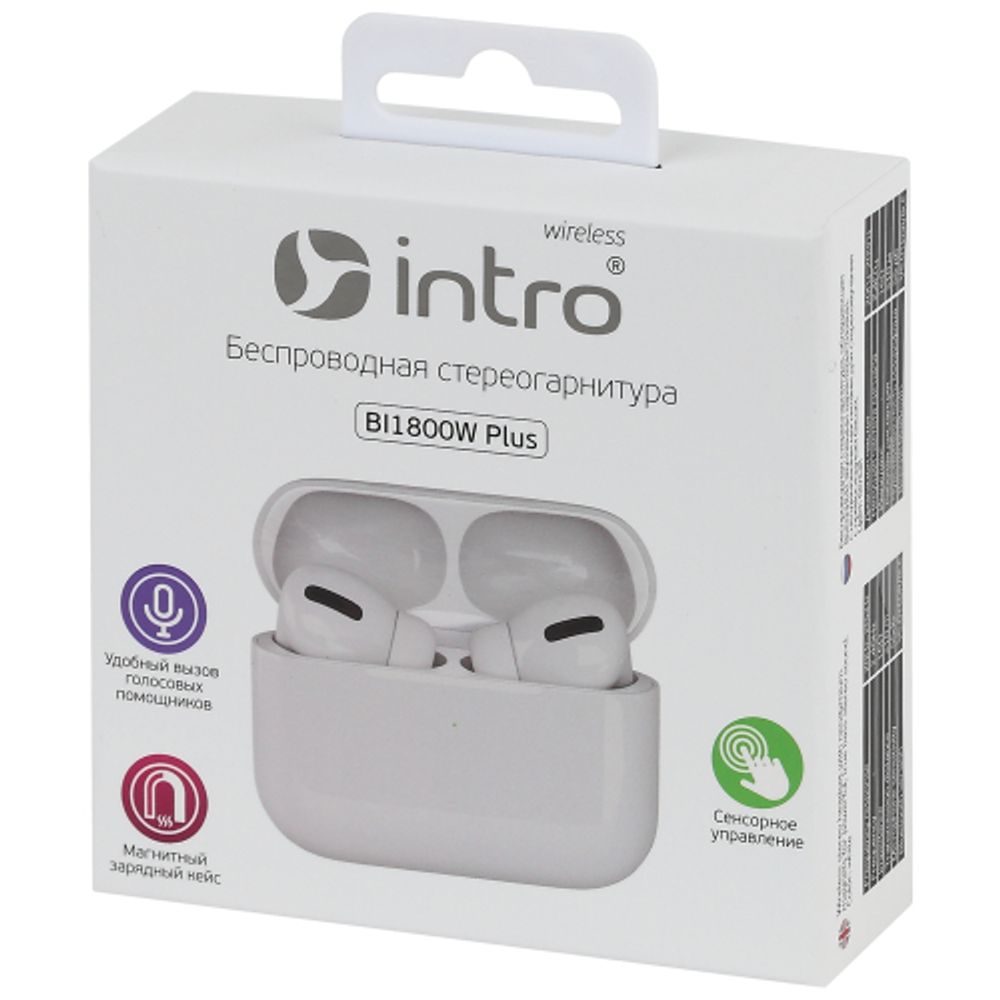 Intro BI1800W Plus Bluetooth-гарнитура сенсорная ultra slim, с зар. кейсом, белая | Intro Bluetooth гарнитуры
