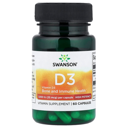 Swanson Vitamins, витамин D3, высокоактивный, 25 мкг (1000 МЕ), 60 капсул