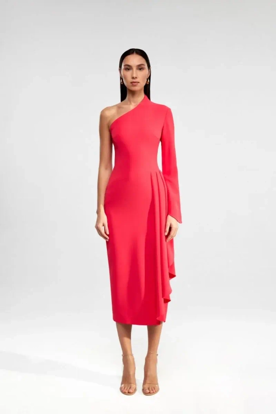 Платье миди ассиметричное из крепа с воланом