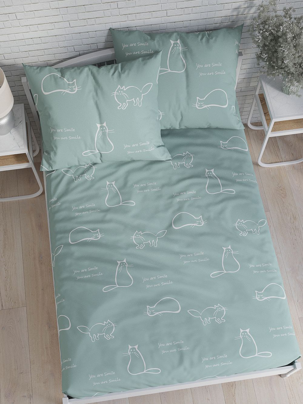 Постельное белье перкаль Сказка "Котики (мята)" 1,5-сп Наволочка 50х70 см 1 шт Простынь 150x215 см Пододеяльник 145x215 см