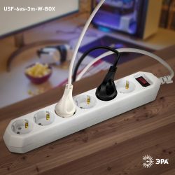 Сетевой фильтр ЭРА USF-6es-3m-W с базовой защитой с заземлением с выключателем 6 розеток 3м 10А белый