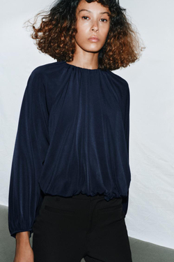 ZARA ТОП С ОБЪЕМНЫМИ РУКАВАМИ И РАЗРЕЗАМИ, СИНИЙ