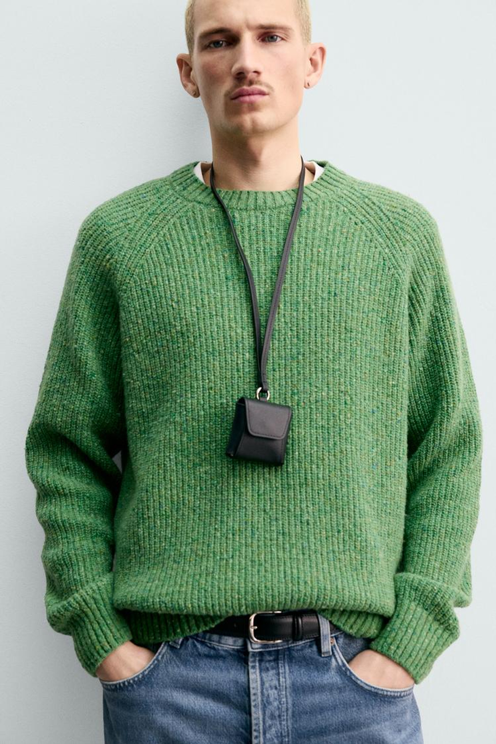 ZARA СВИТЕР ИЗ ЖЕМЧУЖНОЙ ВЯЗКИ, ЗЕЛЕНЫЙ