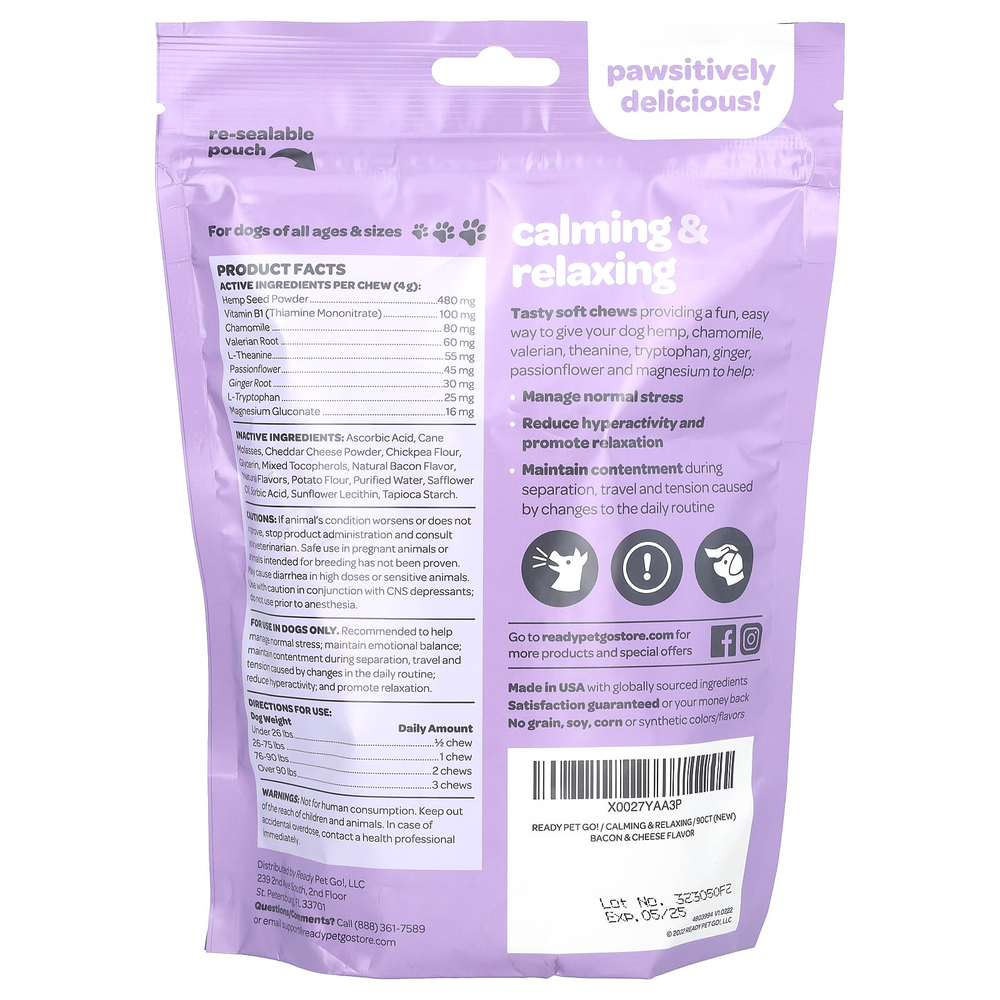 Ready Pet Go, Calming & Relaxing, для собак всех возрастов, с беконом и сыром, 90 мягких жевательных таблеток, 360 г (12,7 унции)