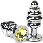 Серебристая ребристая анальная пробка с желтым кристаллом - 6 см. (Цвет: желтый)