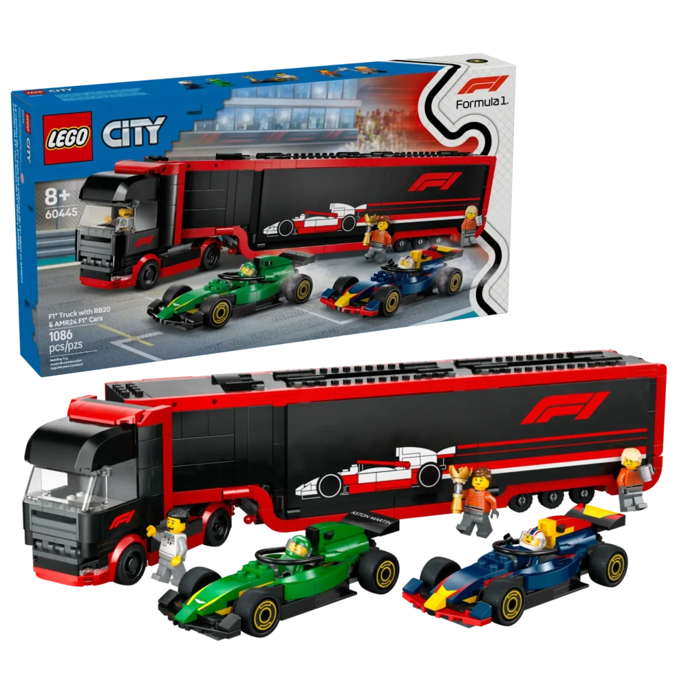 Конструктор LEGO City 60445 Грузовик с автомобилями RB20 и AMR 24 F1
