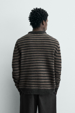 ZARA СВИТЕР ИЗ ШЕРСТИ В ПОЛОСКУ, ШОКОЛАДНЫЙ