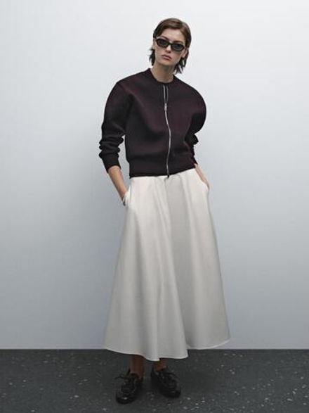 Massimo Dutti Расклешенная юбка миди из поплина, белый