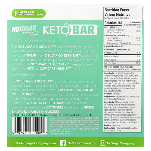 No Sugar Company, Keto Bar™, шоколад и мята, 12 батончиков по 40 г