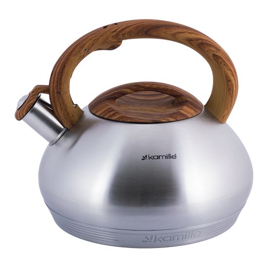 Чайник 3 л. из нержавеющей стали со свистком KamilleKM 0692N и коричневой бакелитовой ручкой (под дерево)