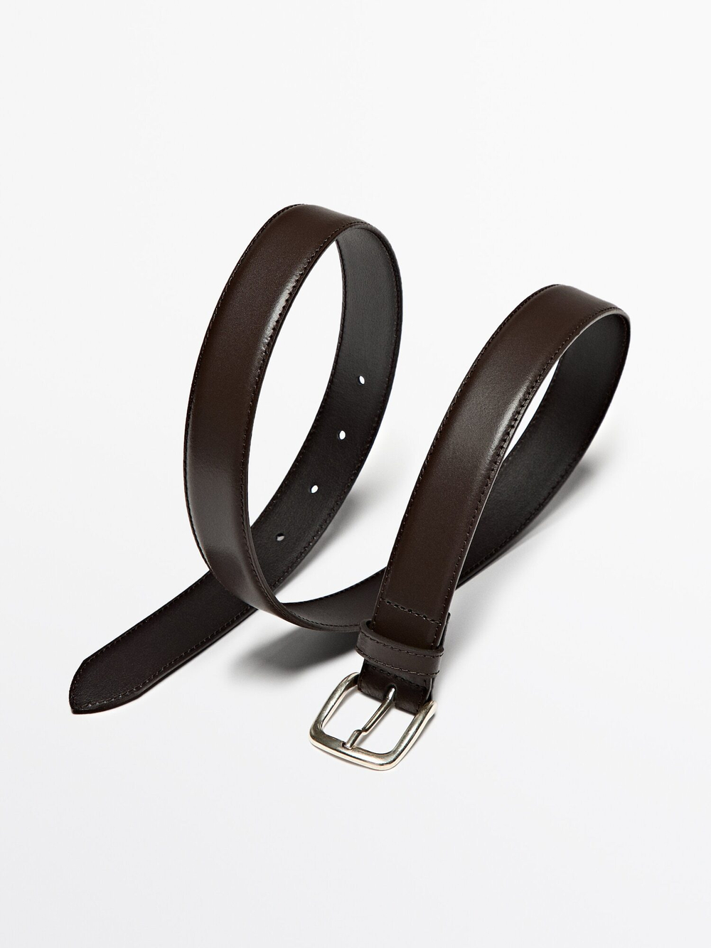 Massimo Dutti Кожаный ремень с декоративной строчкой, коричневый