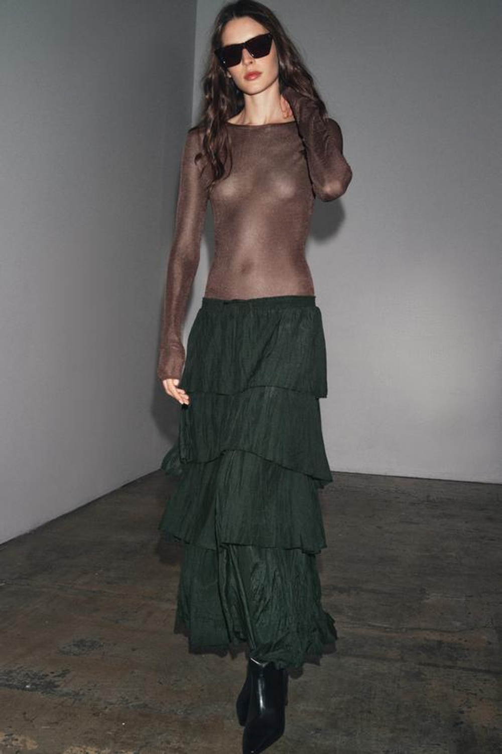 ZARA ЮБКА МИДИ С ВОЛАНАМИ — ZW COLLECTION, ТЕМНО-ЗЕЛЕНЫЙ