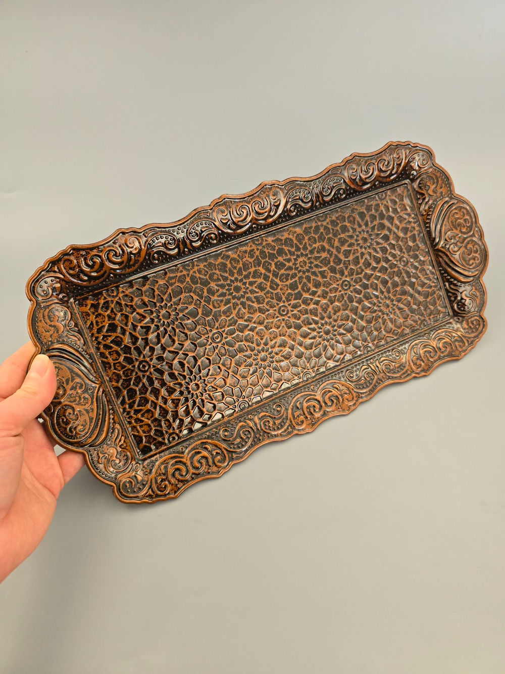 Поднос прямоугольный декоративный 35*18 "Цветок" металлический /ACAR. Турция (серебристый)