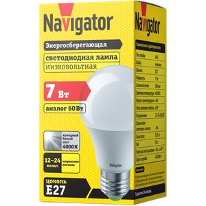 Лампа светодиодная 61 473 NLL-A60-7-12/24-4K-E27 7Вт грушевидная матовая 4000К нейтр. бел. E27 560лм 12-24В низковольтная Navigator 61473