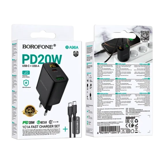 Adapter / Адаптер Сетевое З/У Borofone BA96A 1USB+1Type-C 3.0A 20W QC3.0 дисплей с кабелем Type-C/Type-C черный