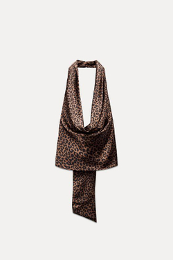 ZARA АТЛАСНЫЙ ТОП С ГОРЛОВИНОЙ ХАЛТЕР И СБОРКАМИ, ЛЕОПАРДОВЫЙ