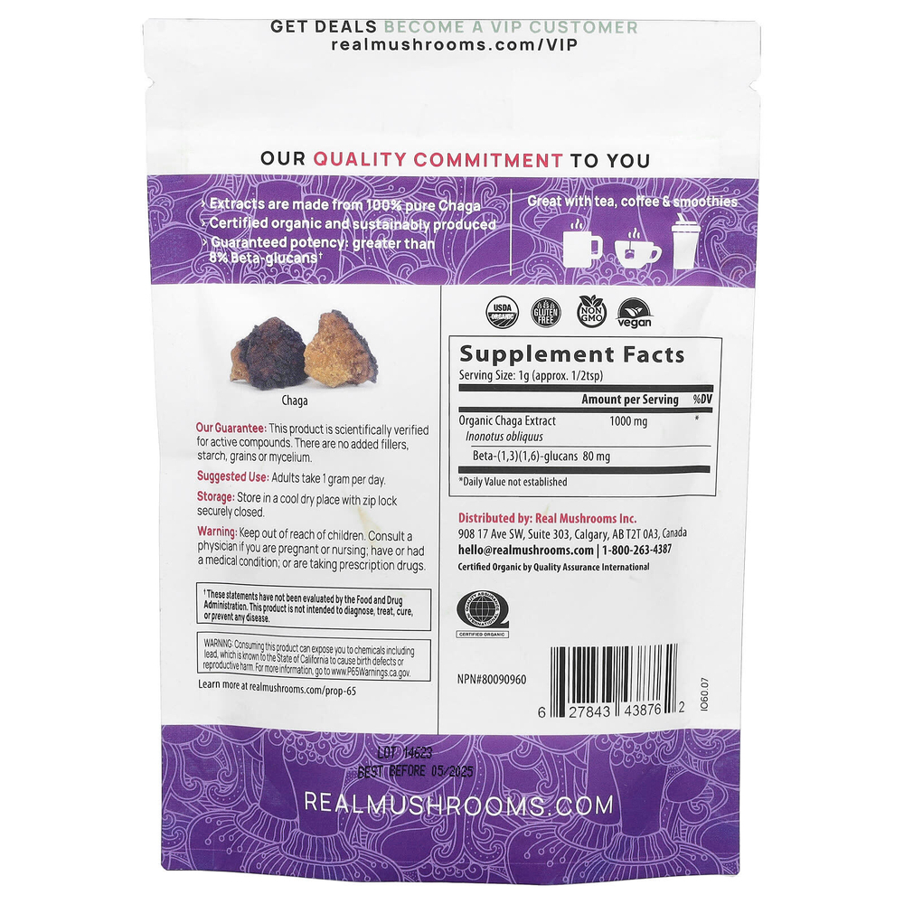 Real Mushrooms, Чага, порошок экстракта органических грибов, 60 г (2,12 унции)