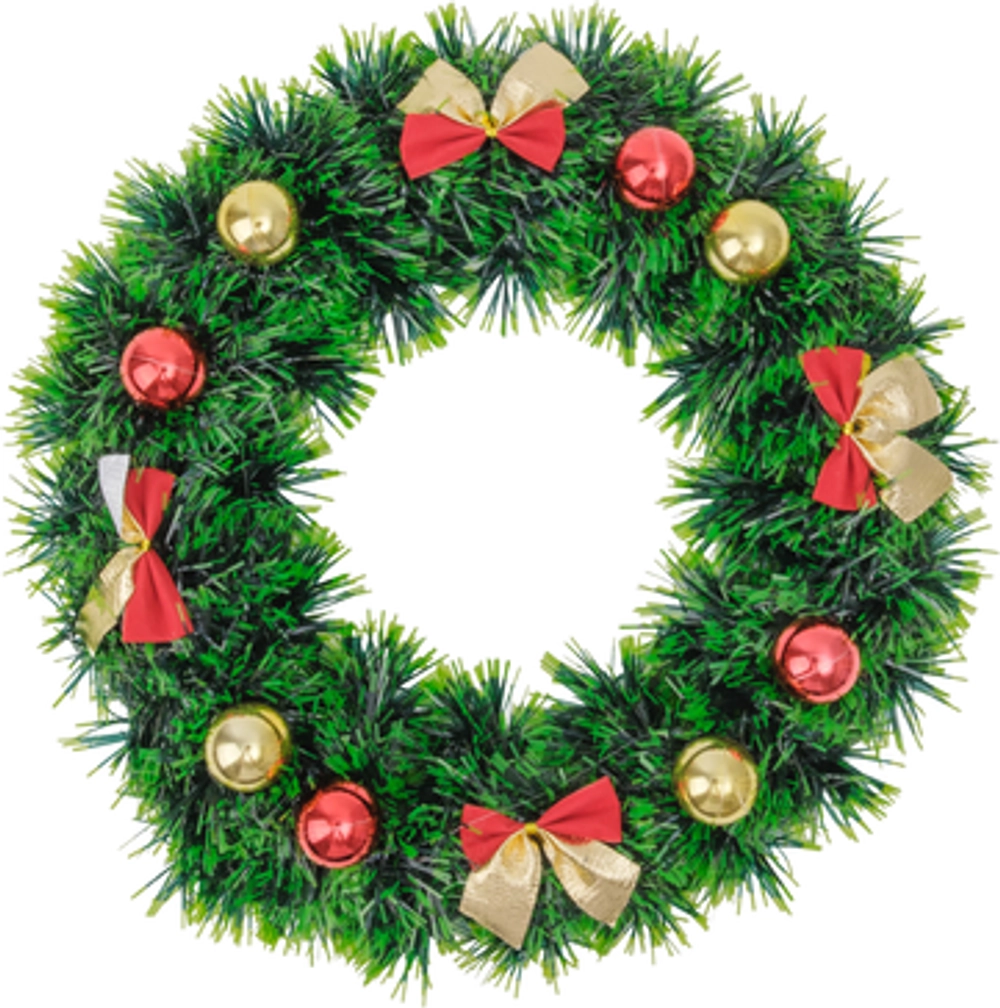 Венок новогодний из мишуры 30см с золотыми и красными шарами ПЭТ, SYMTB-1724084