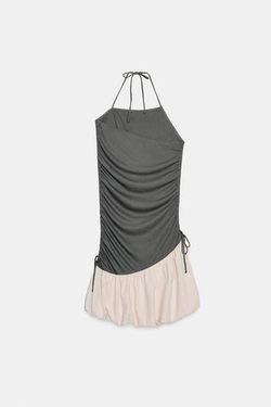 ZARA КОМБИНИРОВАННОЕ ПЛАТЬЕ-БАЛЛОН, СЕРЫЙ/БЕЖЕВЫЙ