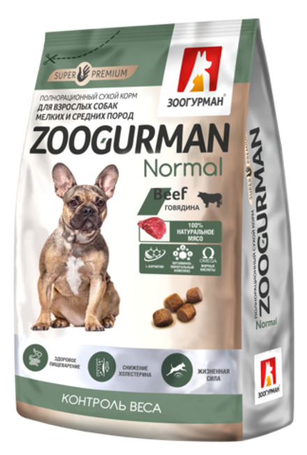 Зоогурман Normal полнорационный сухой корм для собак мелких и средних пород говядина 10 кг