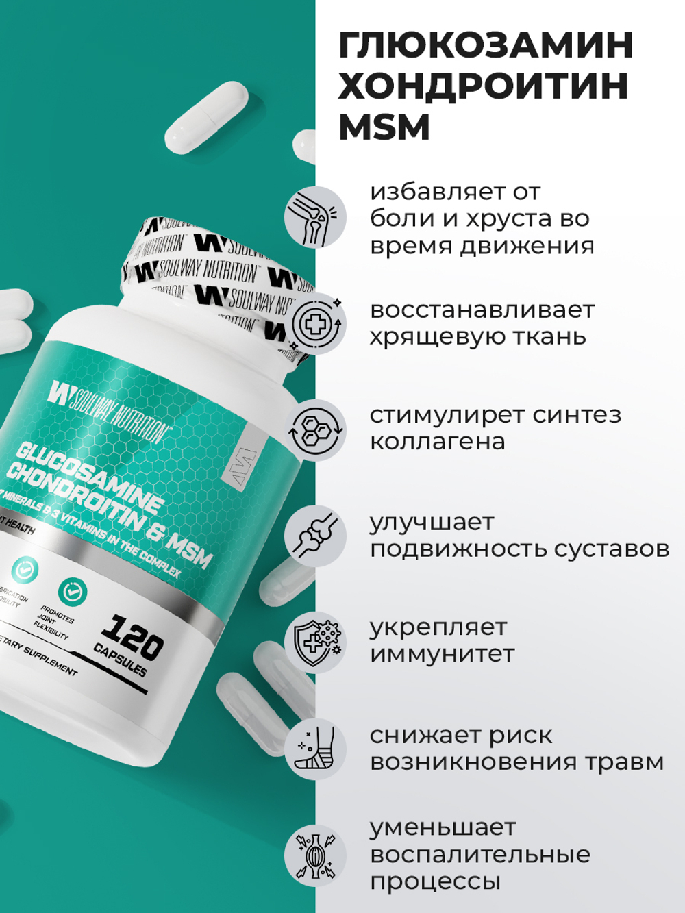 Глюкозамин хондроитин MSM / Soul Way / 120 капсул