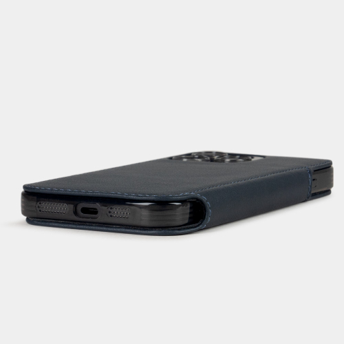 Чехол-книжка кожаная для iPhone 16 Pro Max, теленок синего цвета